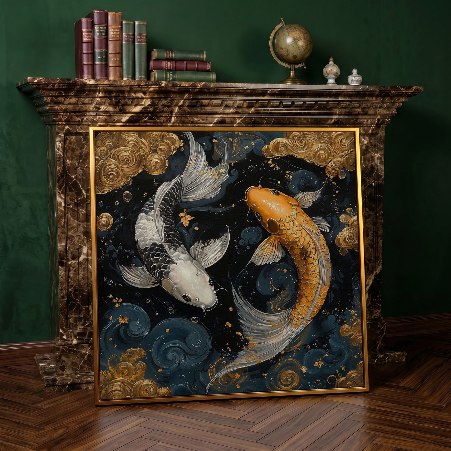 Koi Fish Yin Yang Canvas, Japanese Style in antique gold floating frame