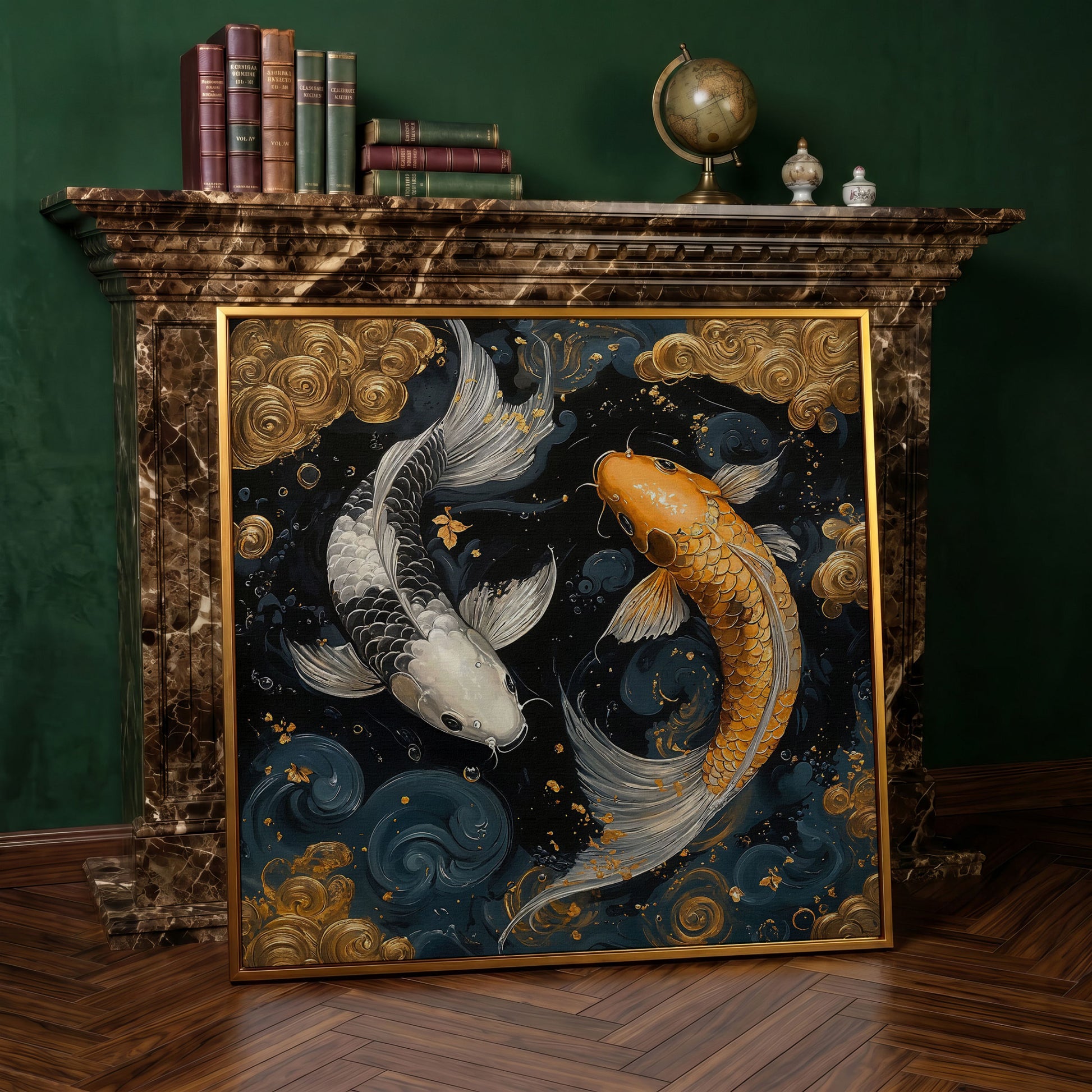 Koi Fish Yin Yang Canvas, Japanese Style in antique gold floating frame