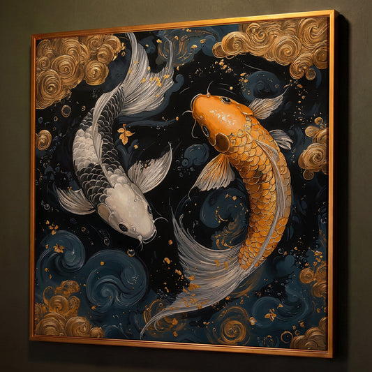 Koi Fish Yin Yang Canvas, Japanese Style shown in antique gold floating frame