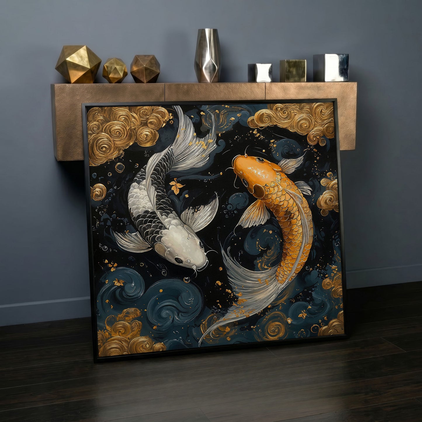 Koi Fish Yin Yang Canvas, Japanese Style in black floating frame