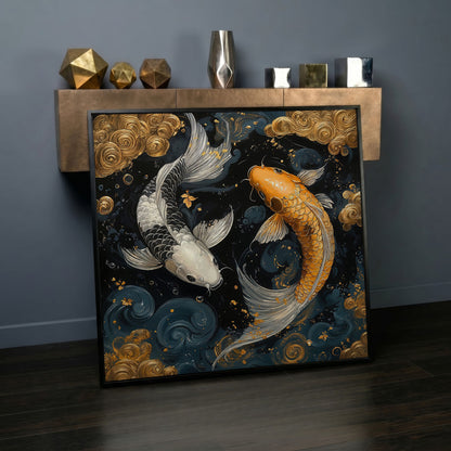 Koi Fish Yin Yang Canvas, Japanese Style in black floating frame
