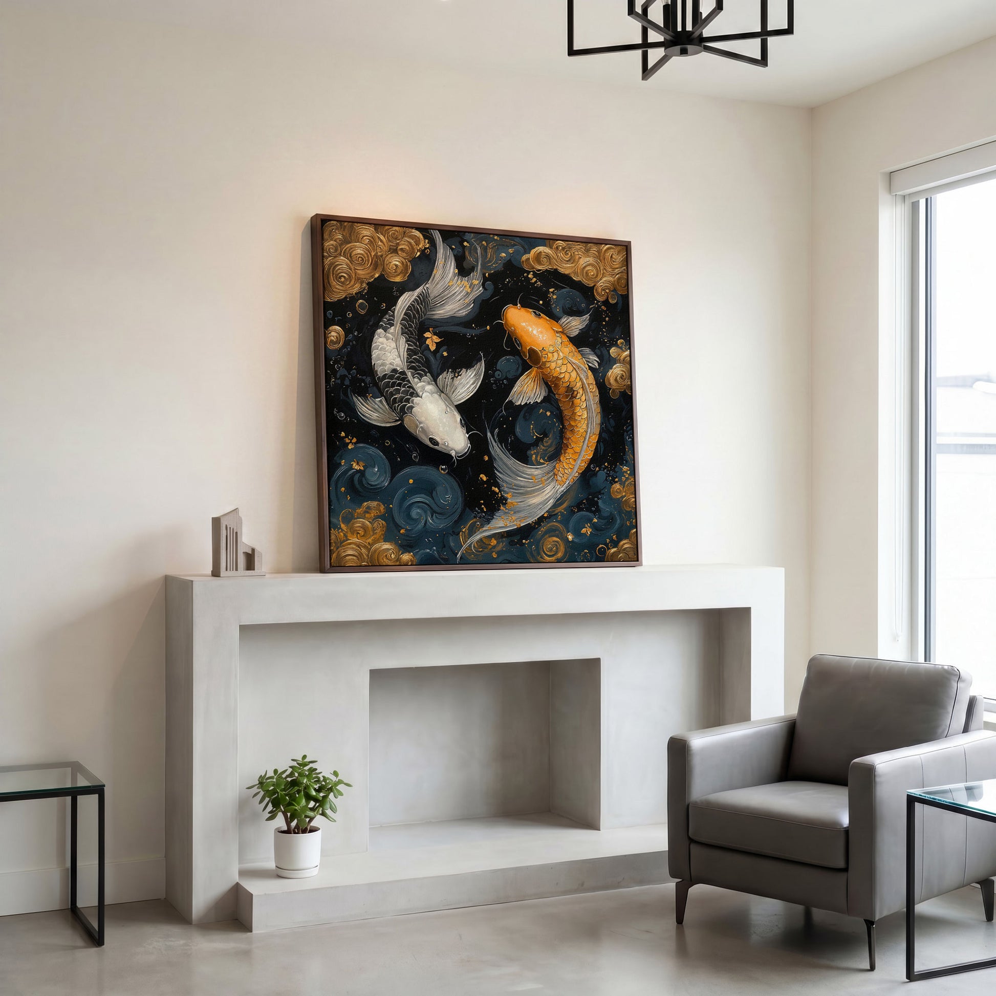Koi Fish Yin Yang Canvas, Japanese Style in dark walnut floating frame