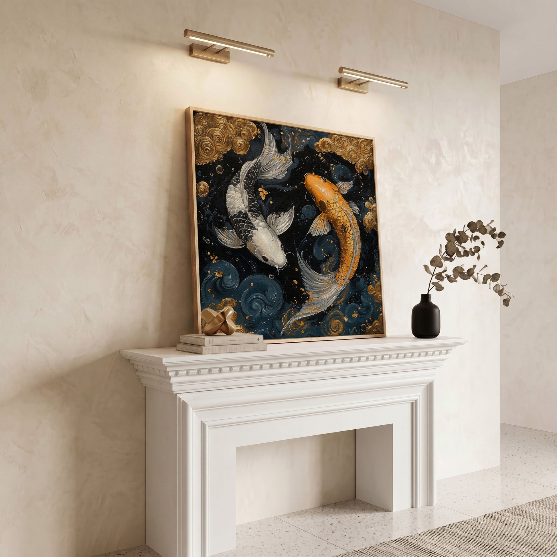 Koi Fish Yin Yang Canvas, Japanese Style in white oak floating frame