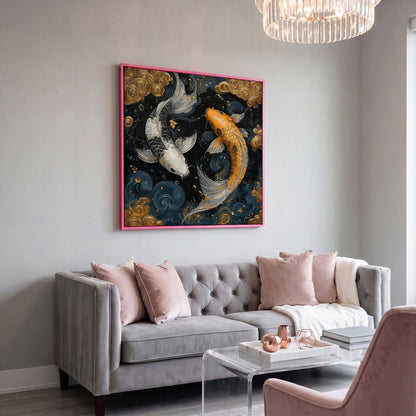 Koi Fish Yin Yang Canvas, Japanese Style in pink floating frame