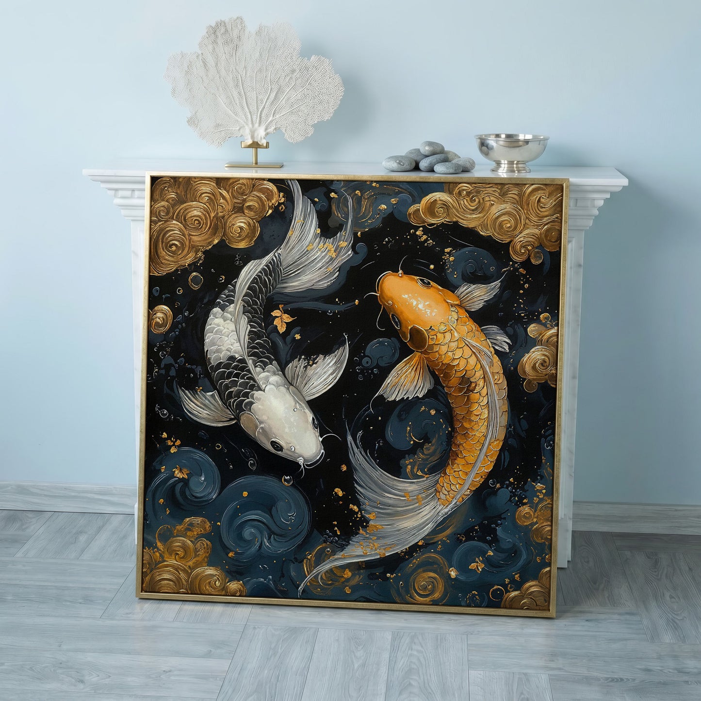Koi Fish Yin Yang Canvas, Japanese Style in rose gold floating frame