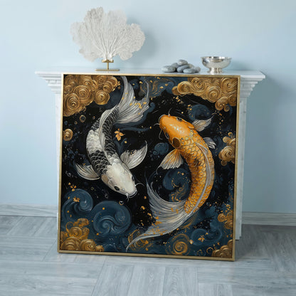 Koi Fish Yin Yang Canvas, Japanese Style in rose gold floating frame