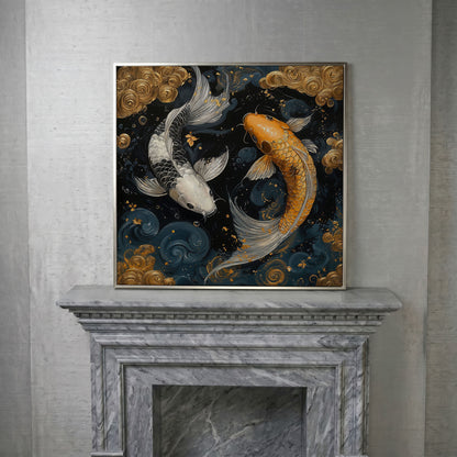 Koi Fish Yin Yang Canvas, Japanese Style in silver floating frame