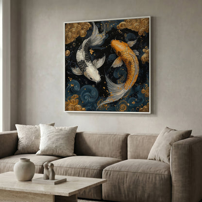 Koi Fish Yin Yang Canvas, Japanese Style in white floating frame