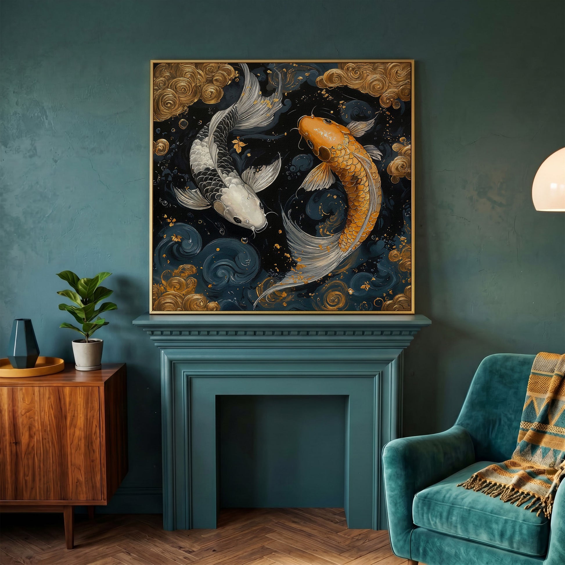 Koi Fish Yin Yang Canvas, Japanese Style in yellow gold floating frame
