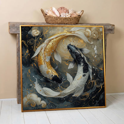Yin Yang Koi Fish Canvas Print in antique gold floating frame