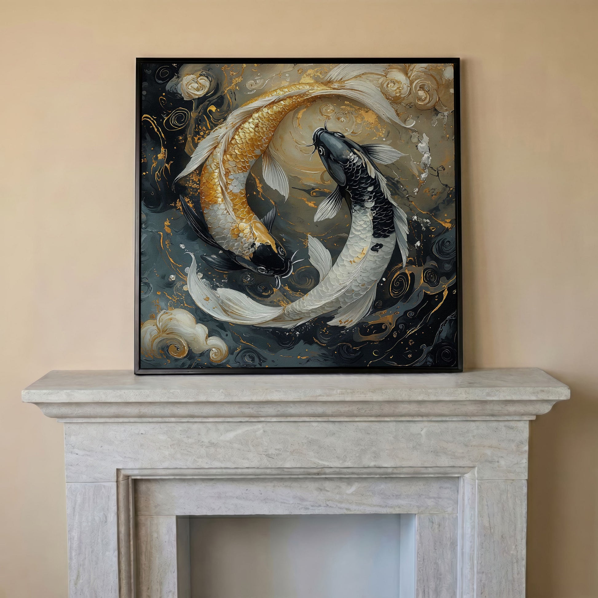 Yin Yang Koi Fish Canvas Print in black floating frame