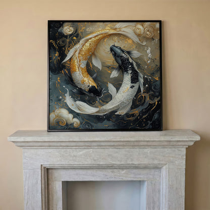 Yin Yang Koi Fish Canvas Print in black floating frame