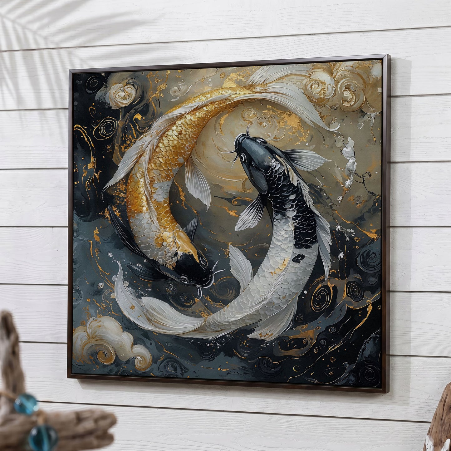 Yin Yang Koi Fish Canvas Print in dark walnut floating frame
