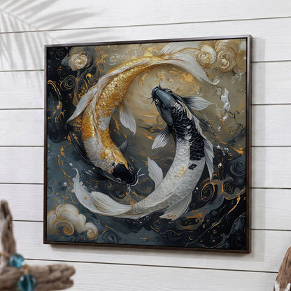 Yin Yang Koi Fish Canvas Print in dark walnut floating frame
