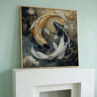 Yin Yang Koi Fish Canvas Print in white oak floating frame