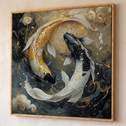 Yin Yang Koi Fish Canvas Print shown in white oak floating frame