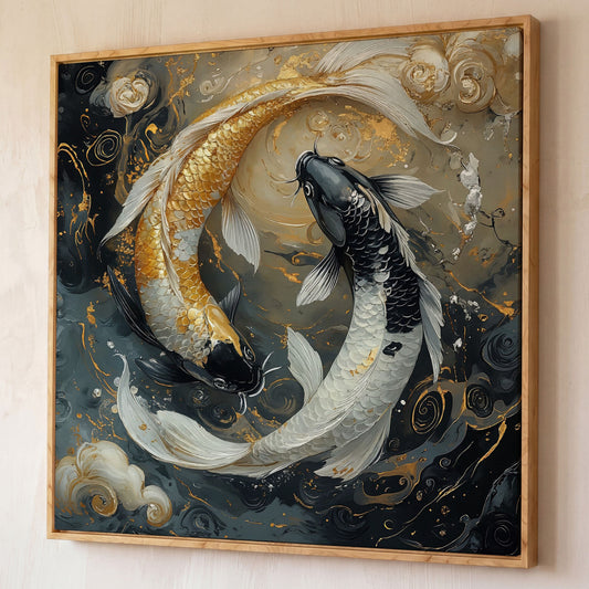 Yin Yang Koi Fish Canvas Print shown in white oak floating frame