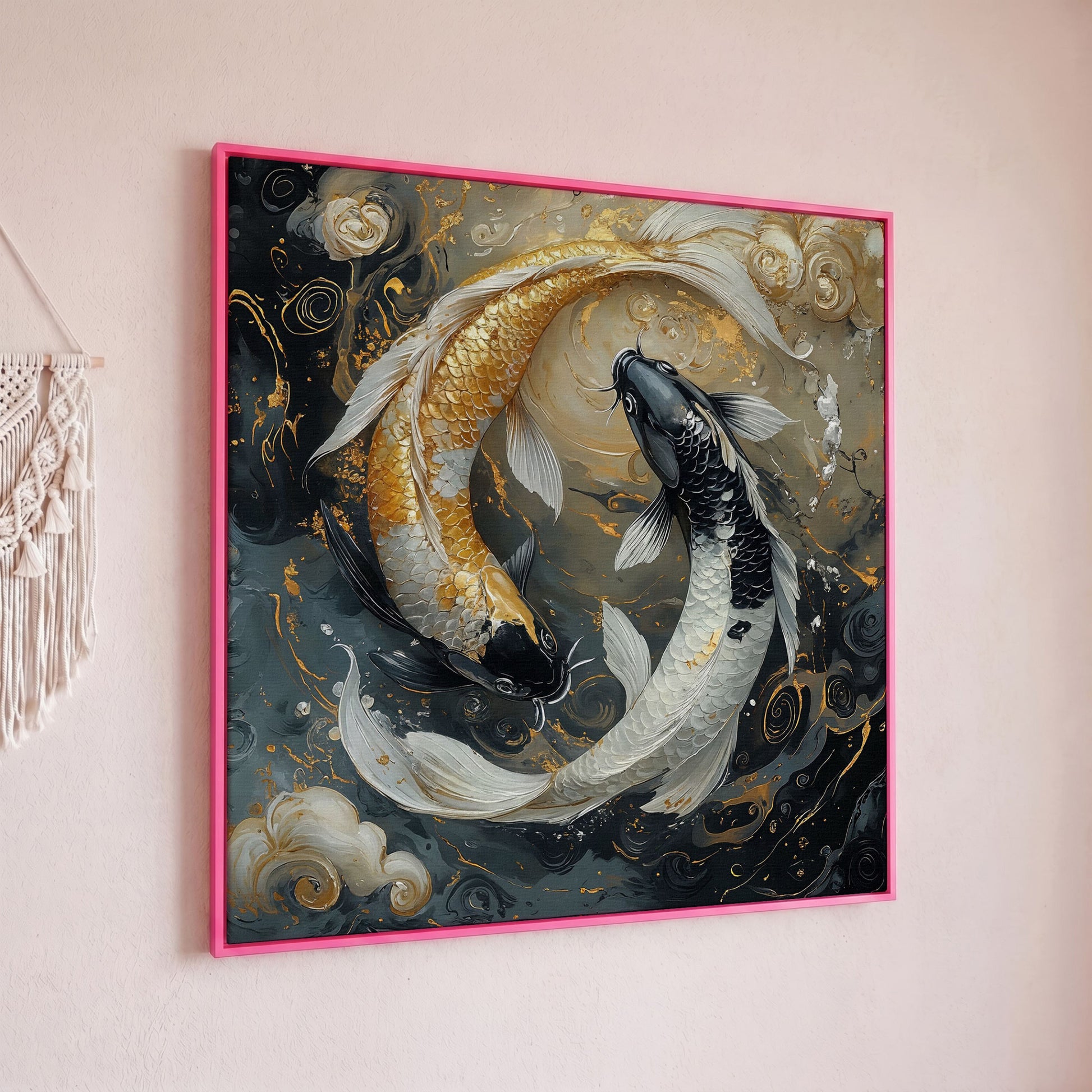 Yin Yang Koi Fish Canvas Print in pink floating frame