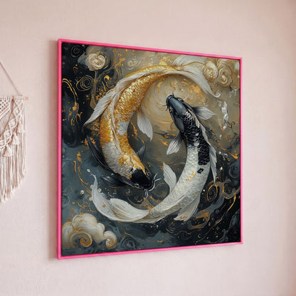 Yin Yang Koi Fish Canvas Print in pink floating frame