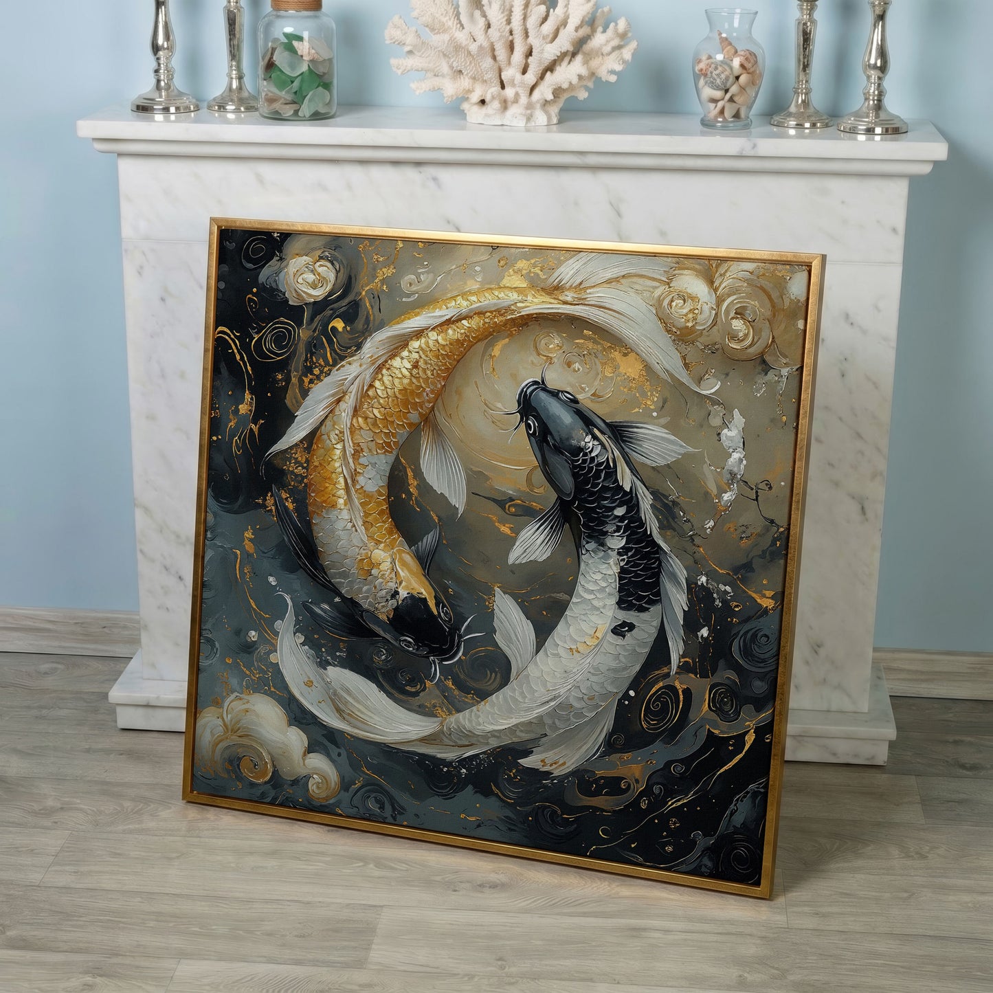 Yin Yang Koi Fish Canvas Print in rose gold floating frame