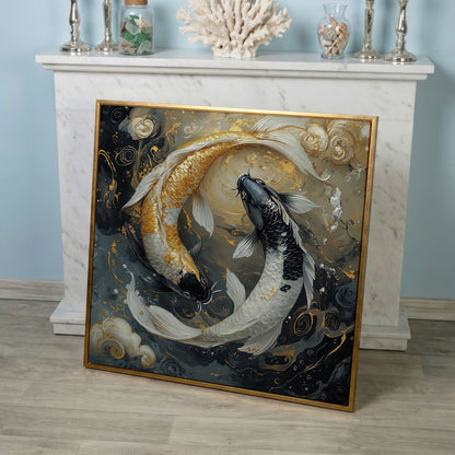Yin Yang Koi Fish Canvas Print in rose gold floating frame