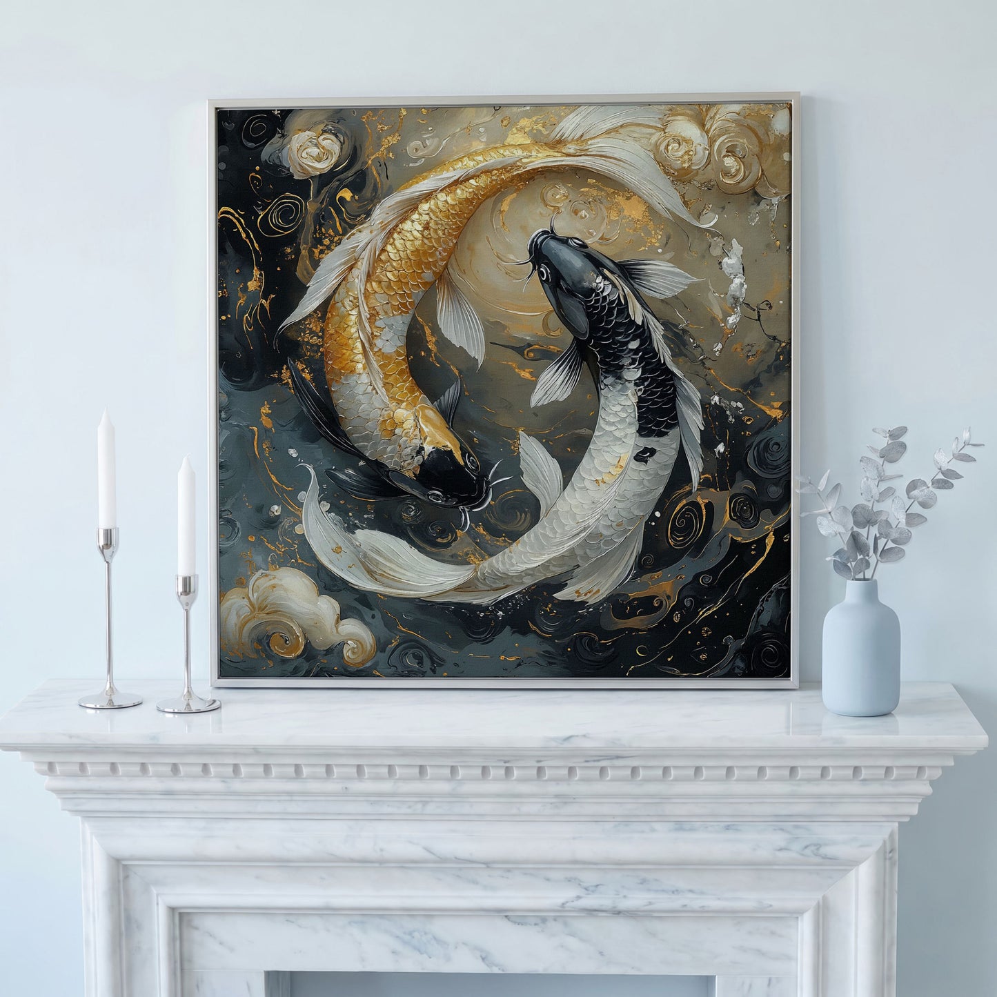 Yin Yang Koi Fish Canvas Print in silver floating frame