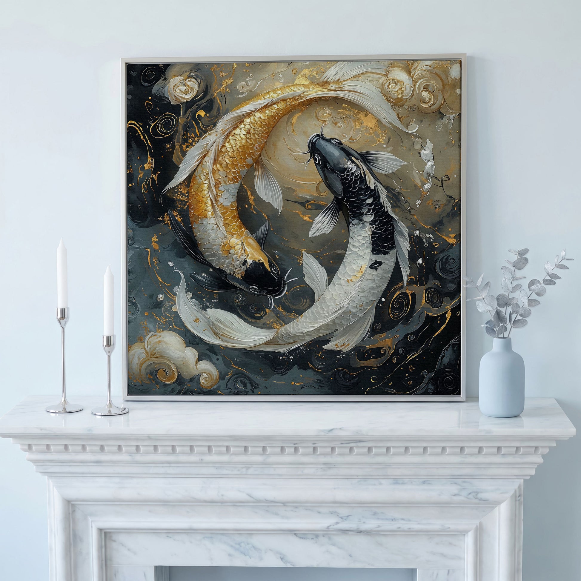 Yin Yang Koi Fish Canvas Print in silver floating frame