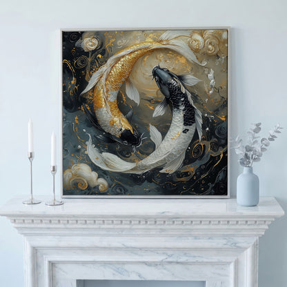 Yin Yang Koi Fish Canvas Print in silver floating frame