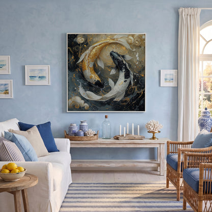 Yin Yang Koi Fish Canvas Print in white floating frame