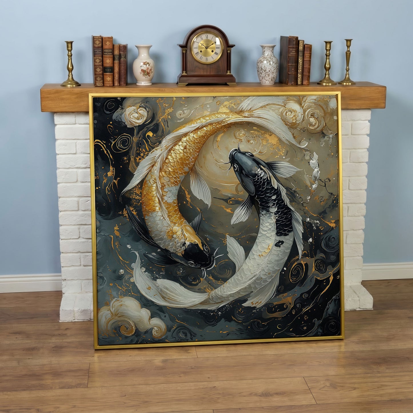 Yin Yang Koi Fish Canvas Print in yellow gold floating frame