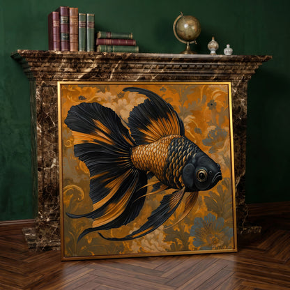 Goldfish with Black Accent Abstract Floral Canvas in antique gold floating frame