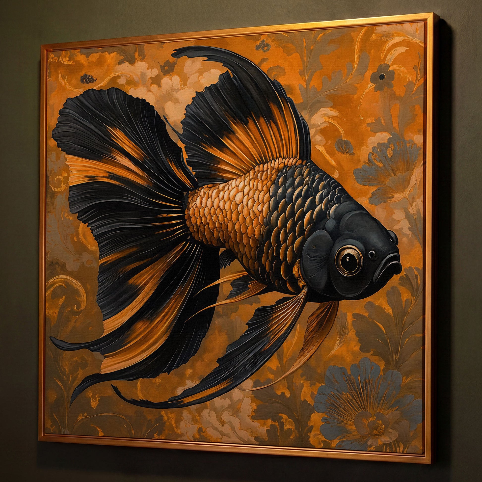 Goldfish with Black Accent Abstract Floral Canvas shown in antique gold floating frame