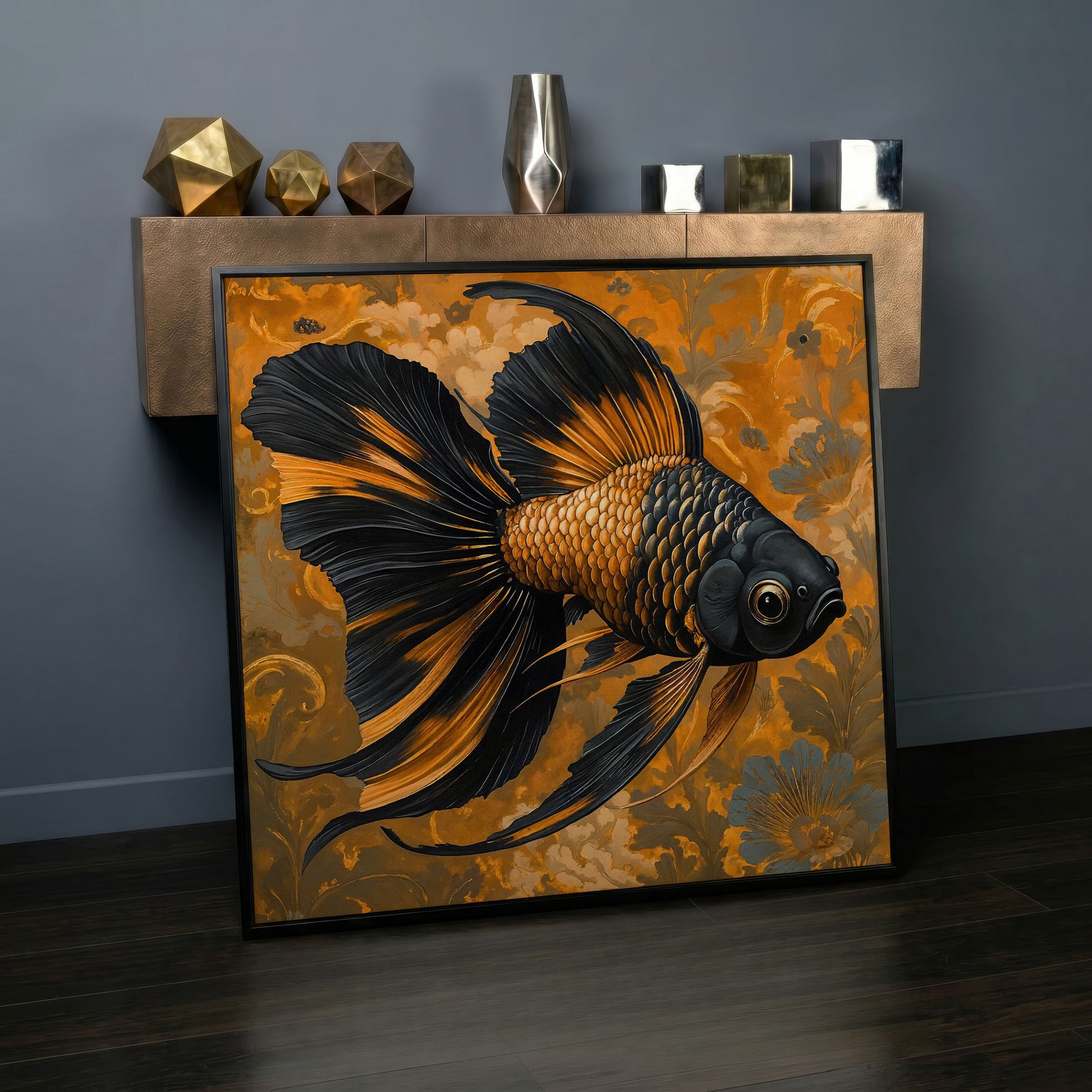 Goldfish with Black Accent Abstract Floral Canvas in black floating frame