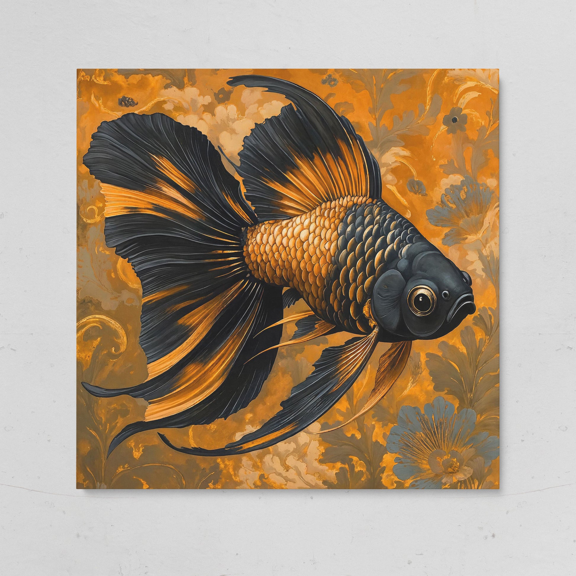 Goldfish with Black Accent Abstract Floral Canvas on gallery wrap