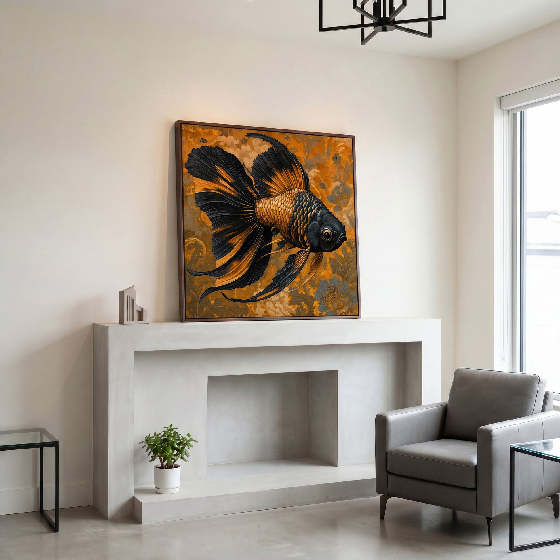 Goldfish with Black Accent Abstract Floral Canvas in dark walnut floating frame