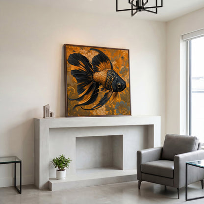 Goldfish with Black Accent Abstract Floral Canvas in dark walnut floating frame