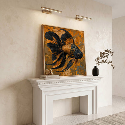 Goldfish with Black Accent Abstract Floral Canvas in white oak floating frame