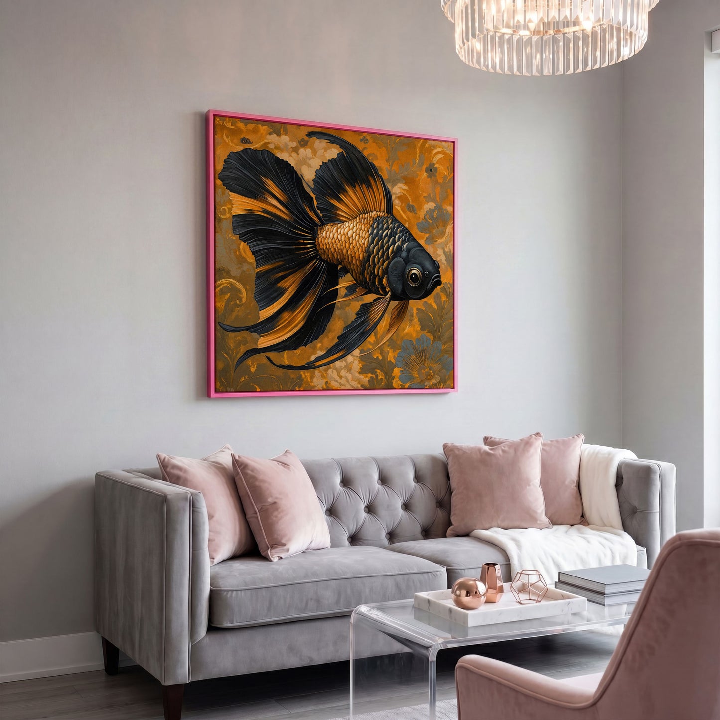 Goldfish with Black Accent Abstract Floral Canvas in pink floating frame