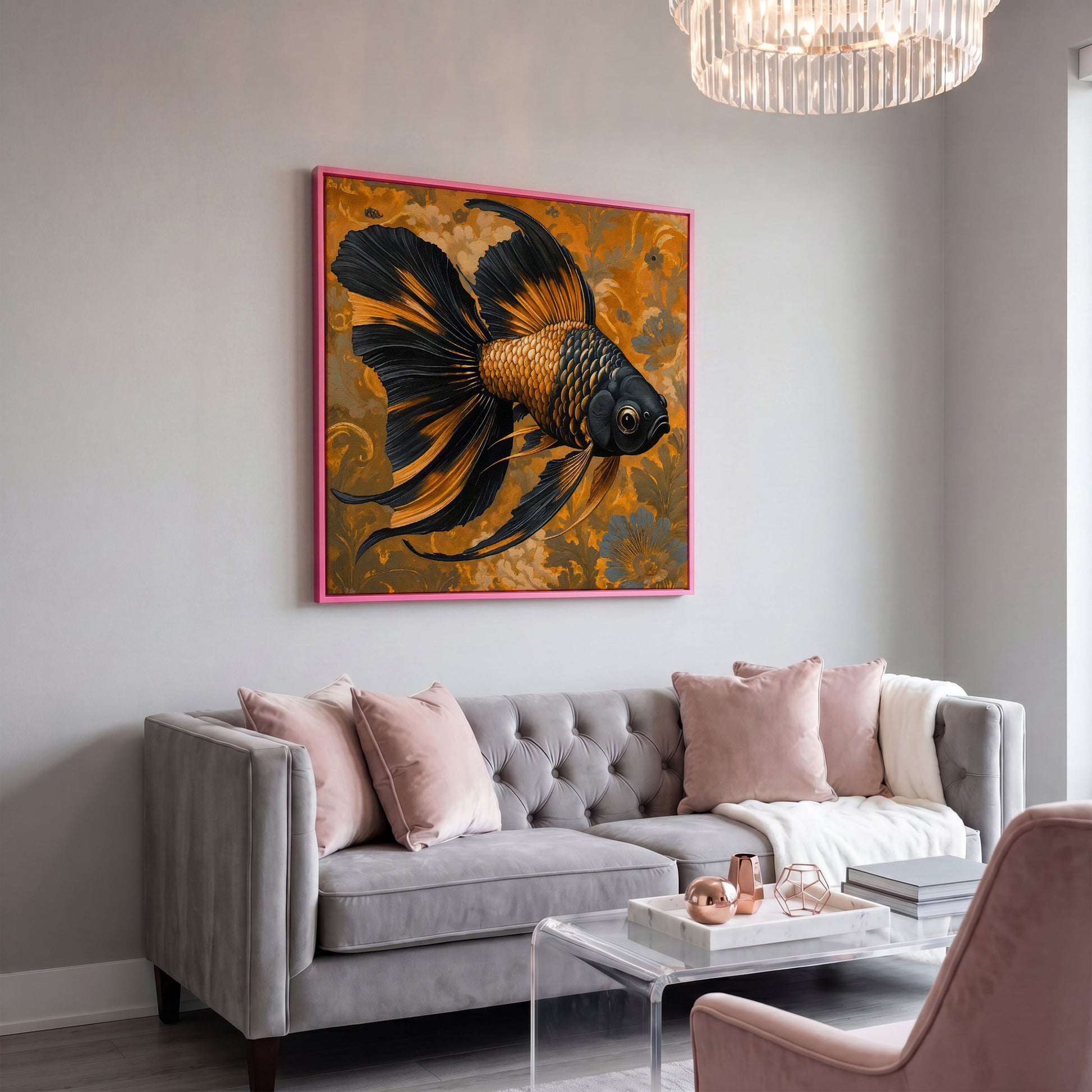 Goldfish with Black Accent Abstract Floral Canvas in pink floating frame