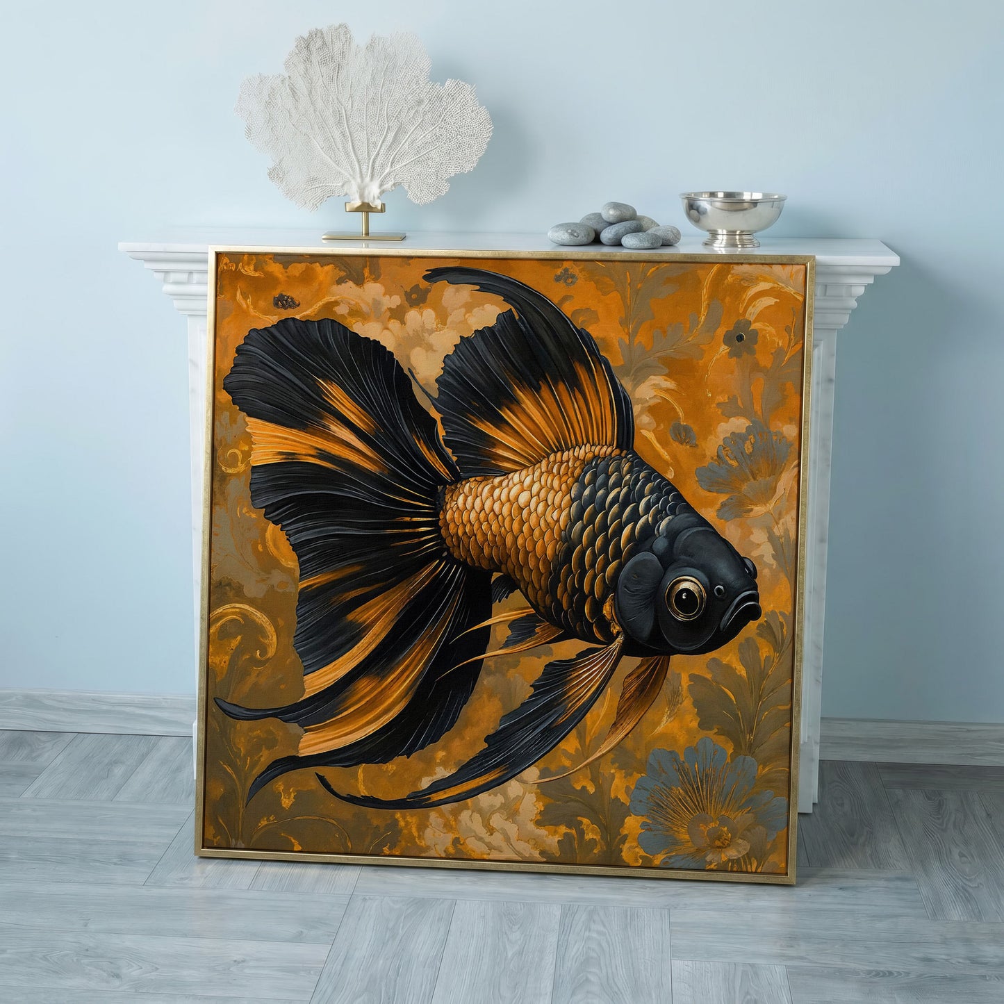 Goldfish with Black Accent Abstract Floral Canvas in rose gold floating frame