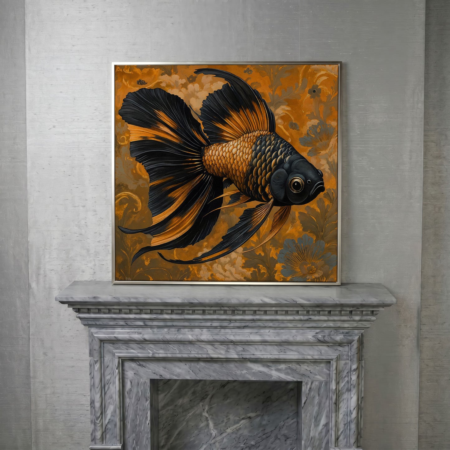 Goldfish with Black Accent Abstract Floral Canvas in silver floating frame