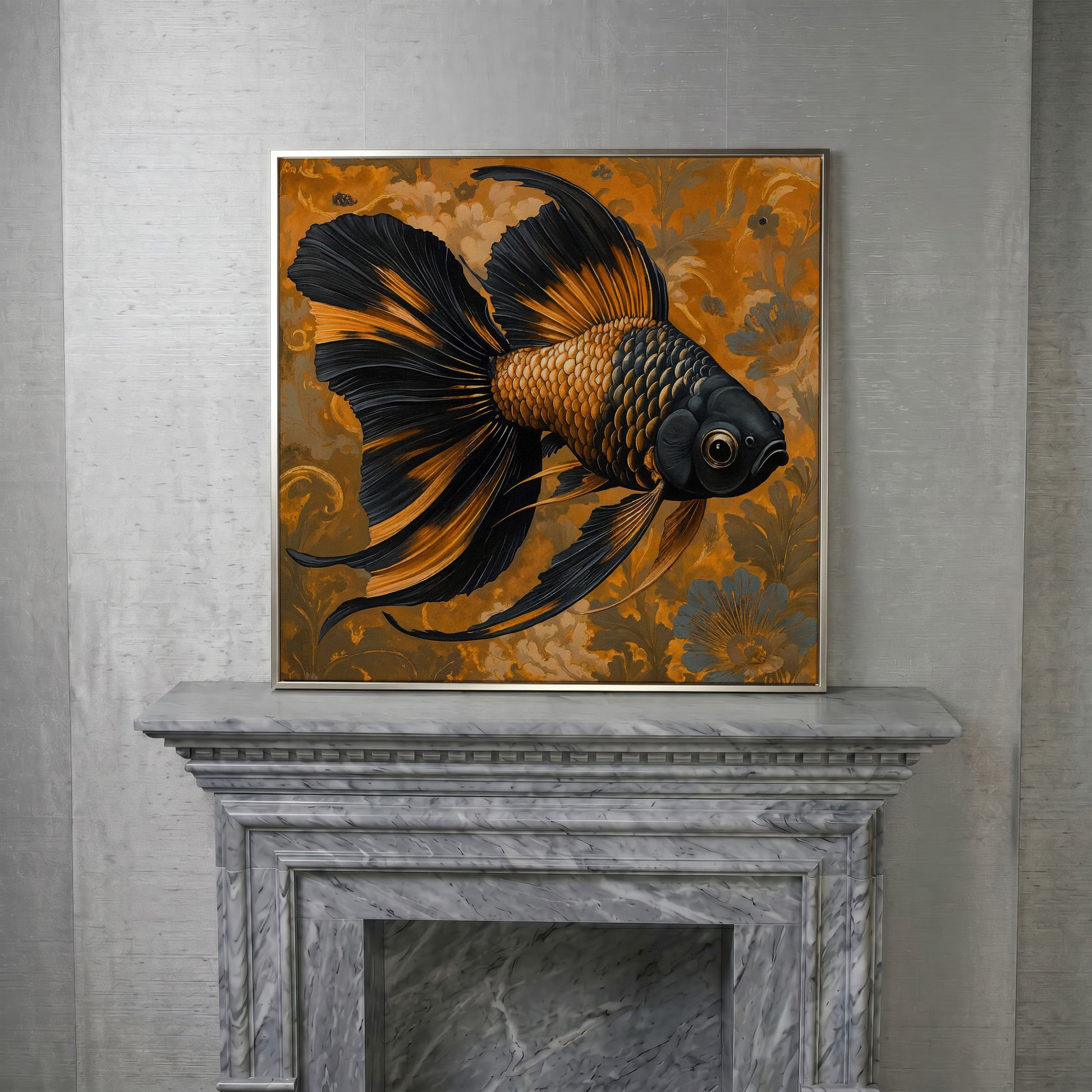 Goldfish with Black Accent Abstract Floral Canvas in silver floating frame
