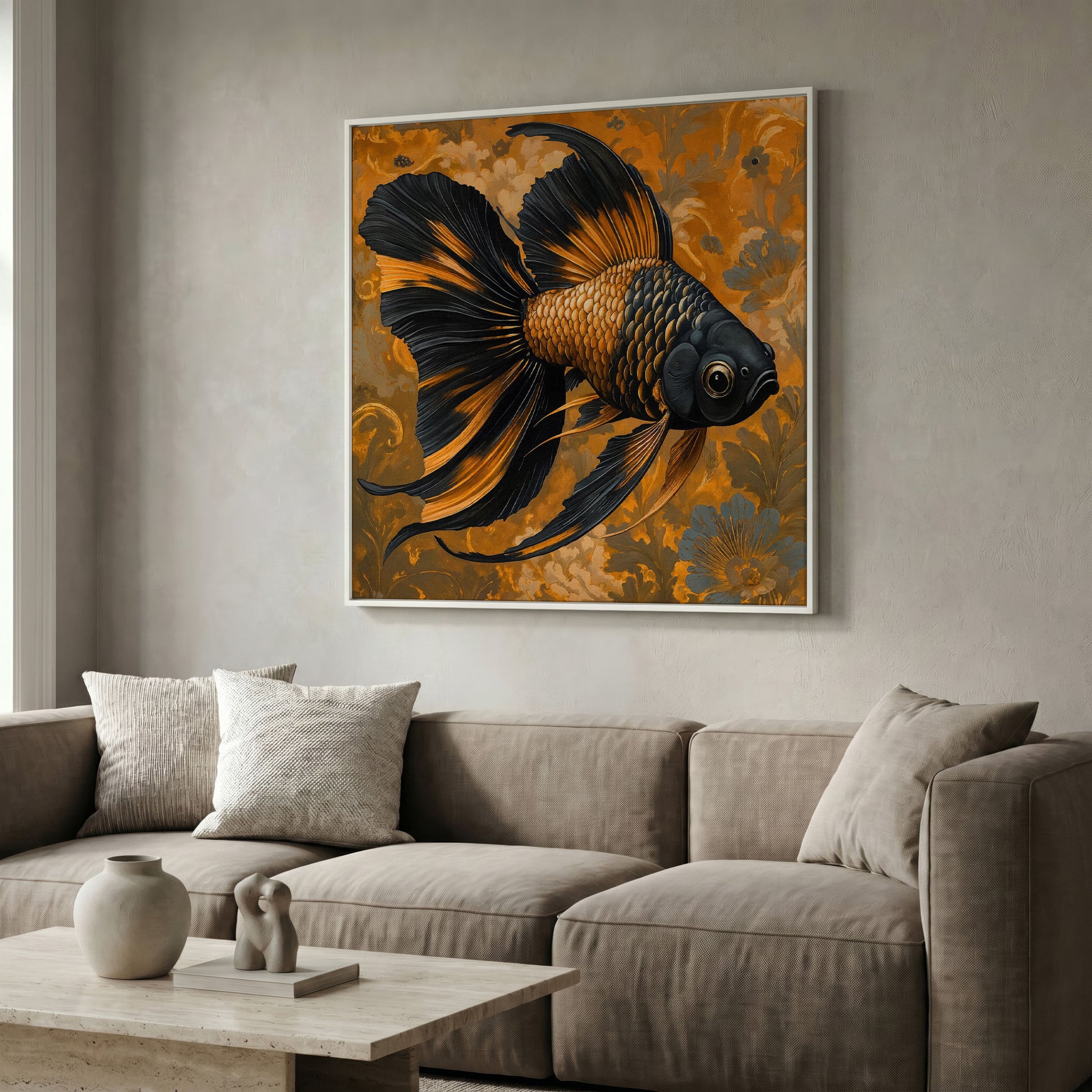 Goldfish with Black Accent Abstract Floral Canvas in white floating frame