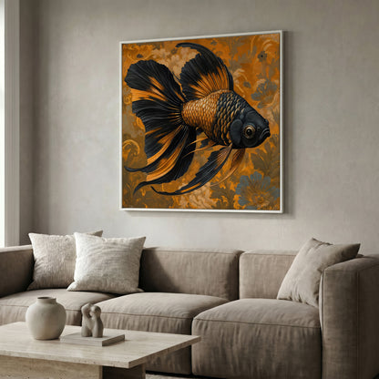 Goldfish with Black Accent Abstract Floral Canvas in white floating frame