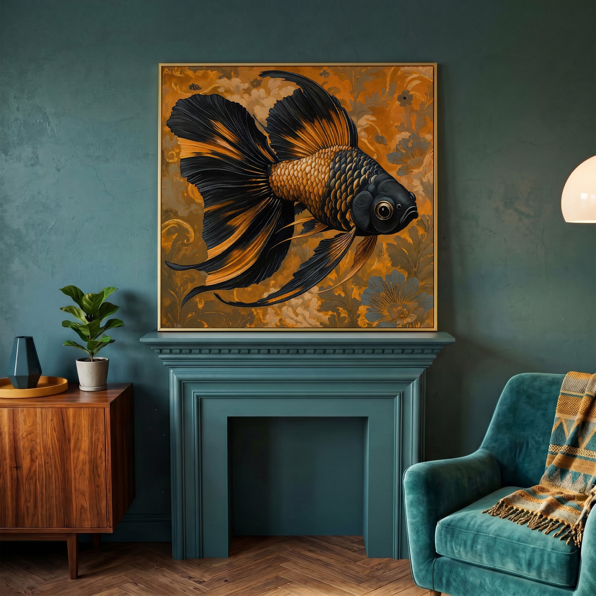 Goldfish with Black Accent Abstract Floral Canvas in yellow gold floating frame