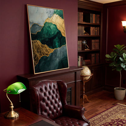 Emerald Green and Gold Liquid Painting Canvas in antique gold floating frame