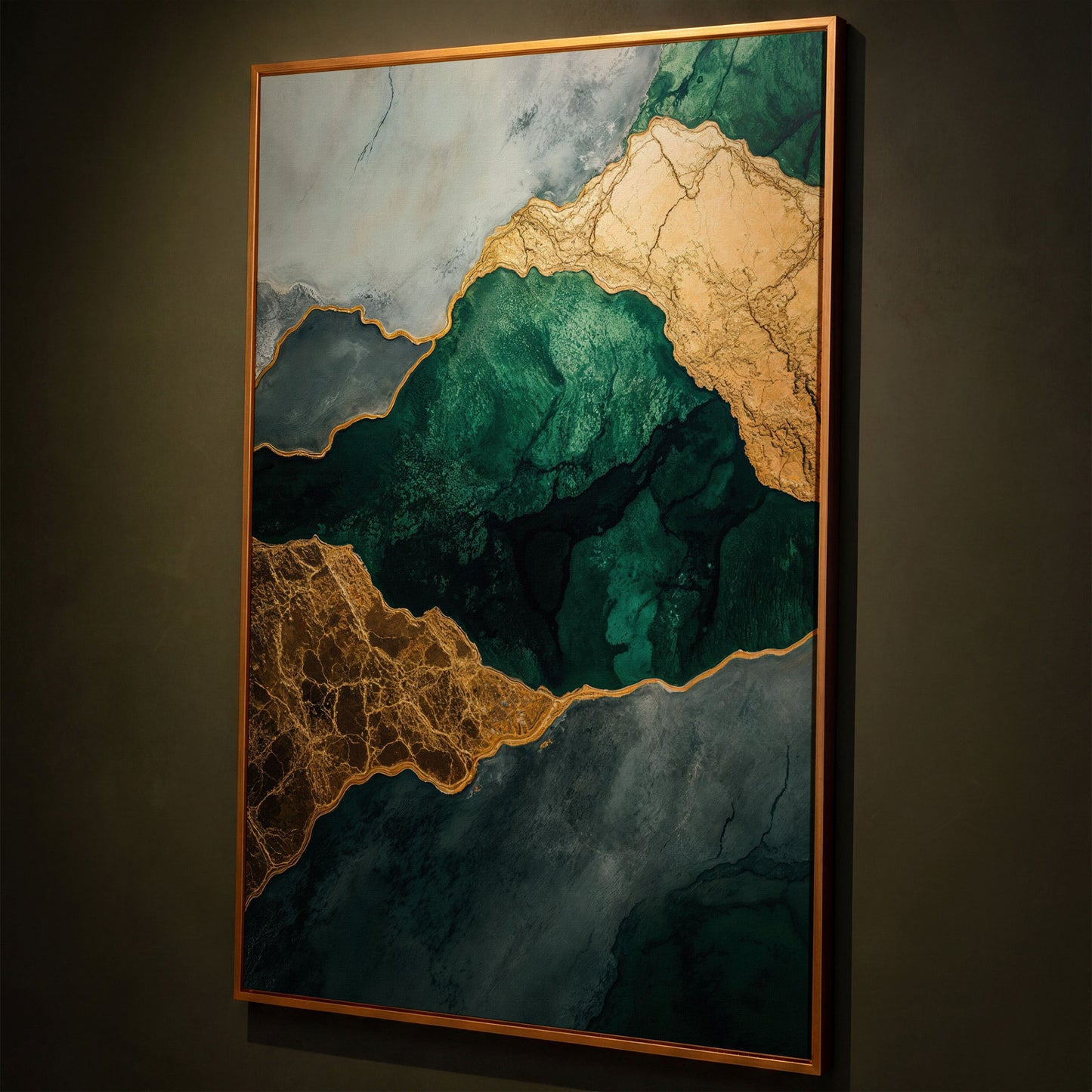 Emerald Green and Gold Liquid Painting Canvas shown in antique gold floating frame