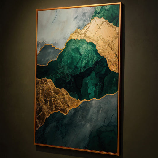 Emerald Green and Gold Liquid Painting Canvas shown in antique gold floating frame