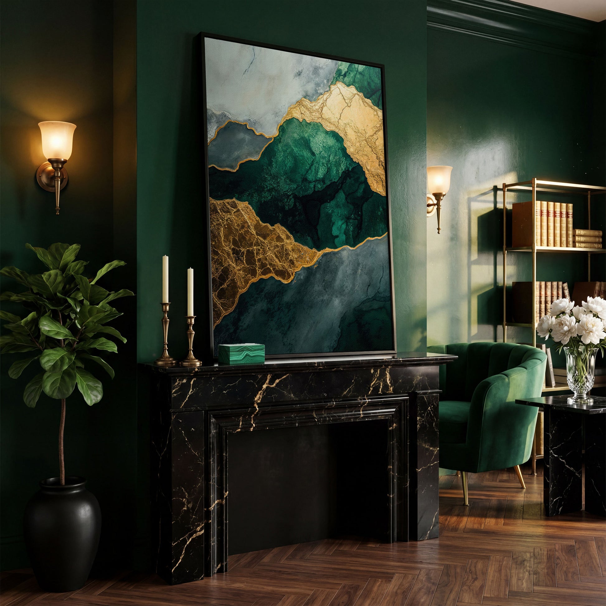 Emerald Green and Gold Liquid Painting Canvas in black floating frame