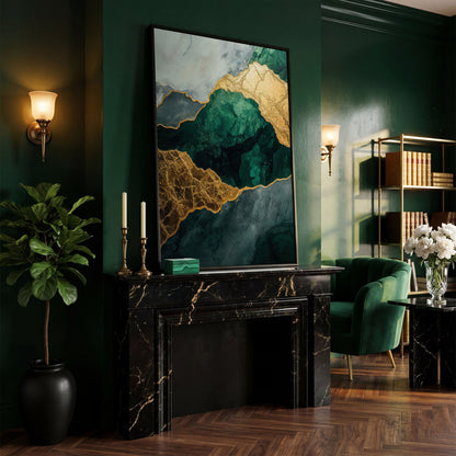 Emerald Green and Gold Liquid Painting Canvas in black floating frame